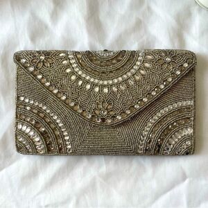 Glint beaded jeweled silver platinum evening bag clutch